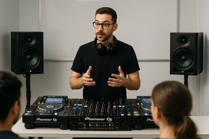 Open afbeelding in diavoorstelling dj behind a deck getting class on pioneer equipment

